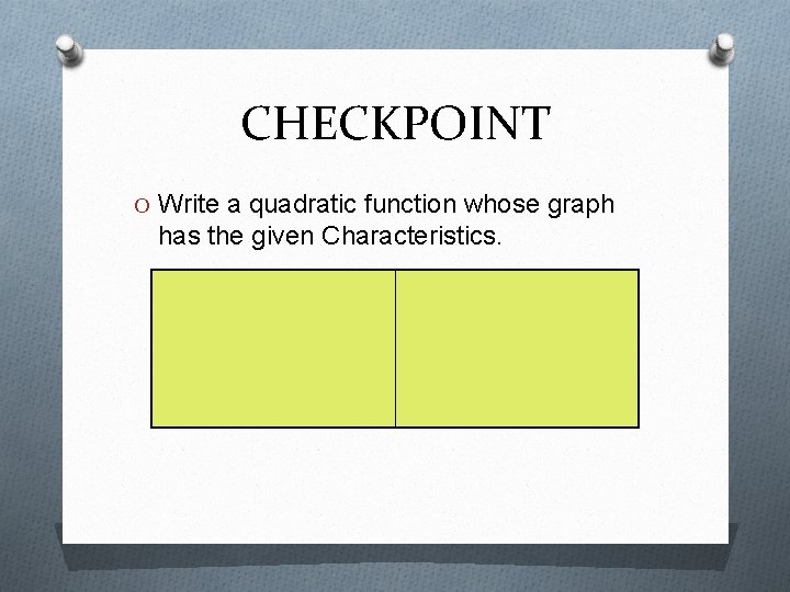 CHECKPOINT O Write a quadratic function whose graph has the given Characteristics. 