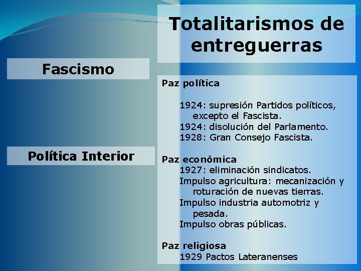 Totalitarismos de entreguerras Fascismo Paz política 1924: supresión Partidos políticos, excepto el Fascista. 1924: