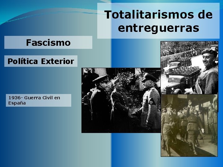 Totalitarismos de entreguerras Fascismo Política Exterior 1936 - Guerra Civil en España 