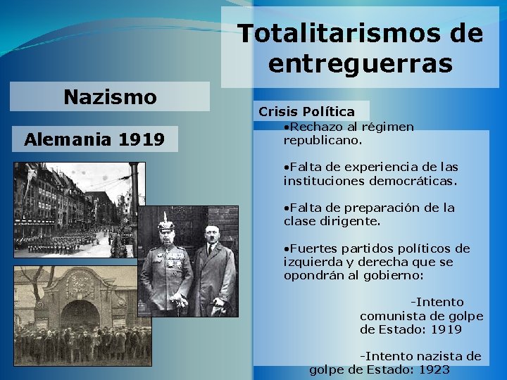 Totalitarismos de entreguerras Nazismo Alemania 1919 Crisis Política • Rechazo al régimen republicano. •