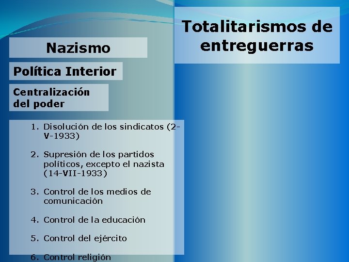 Nazismo Política Interior Centralización del poder 1. Disolución de los sindicatos (2 V-1933) 2.