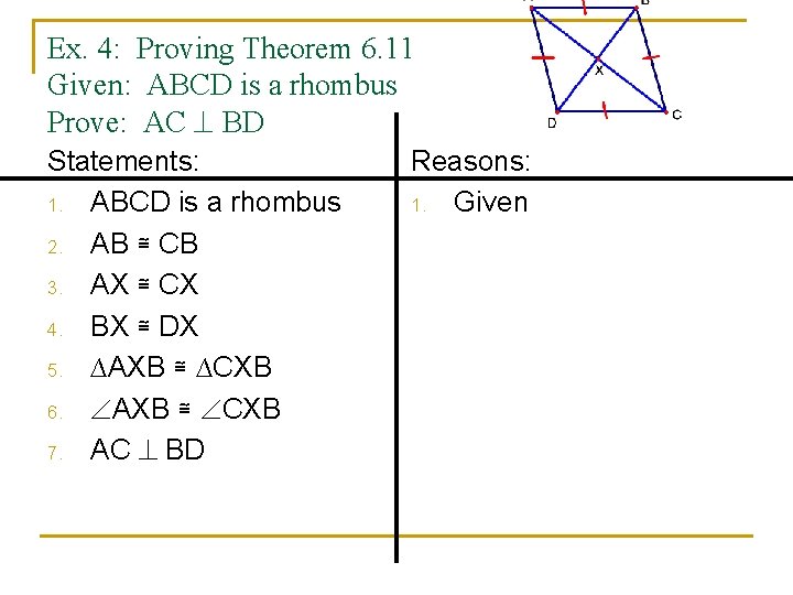 Ex. 4: Proving Theorem 6. 11 Given: ABCD is a rhombus Prove: AC BD
