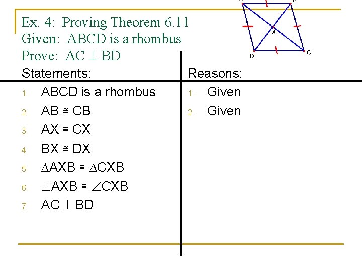 Ex. 4: Proving Theorem 6. 11 Given: ABCD is a rhombus Prove: AC BD