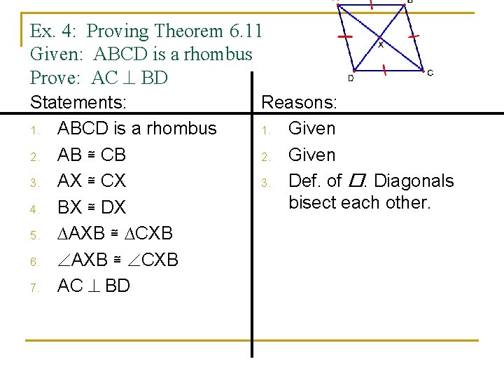 Ex. 4: Proving Theorem 6. 11 Given: ABCD is a rhombus Prove: AC BD