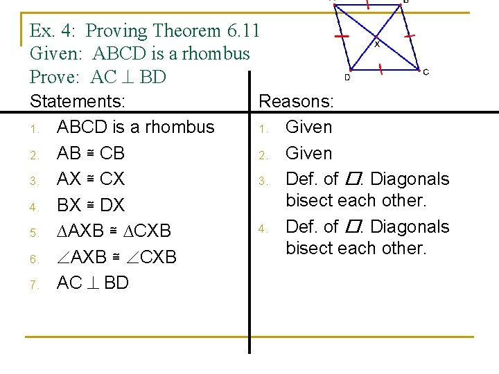 Ex. 4: Proving Theorem 6. 11 Given: ABCD is a rhombus Prove: AC BD