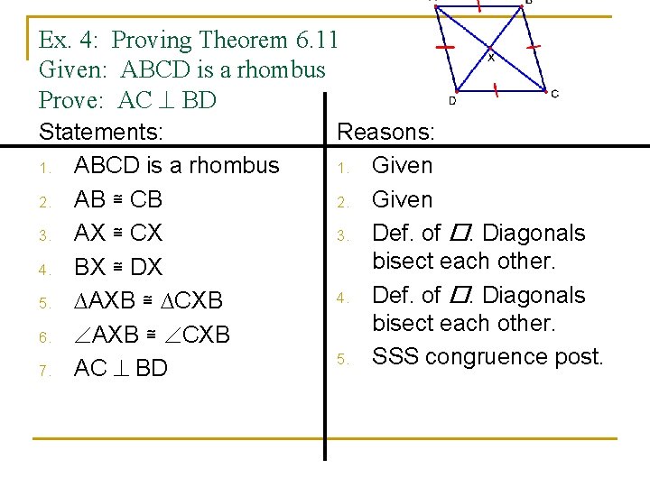 Ex. 4: Proving Theorem 6. 11 Given: ABCD is a rhombus Prove: AC BD