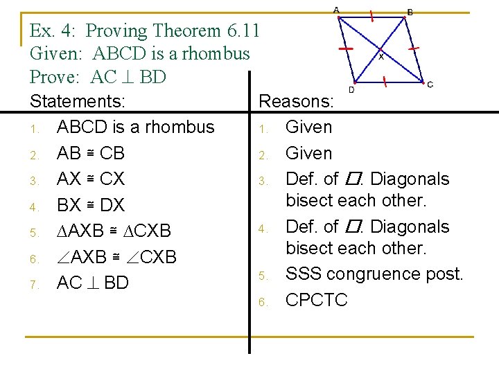 Ex. 4: Proving Theorem 6. 11 Given: ABCD is a rhombus Prove: AC BD