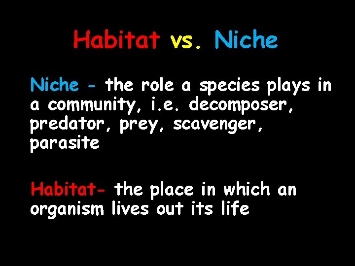 Habitat vs. Niche - the role a species plays in a community, i. e.