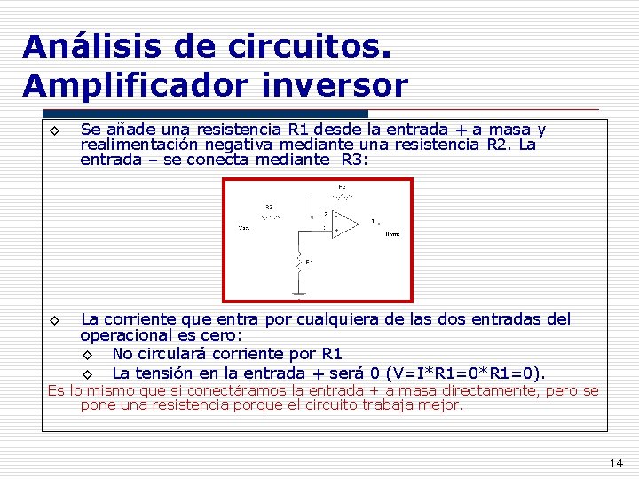 Análisis de circuitos. Amplificador inversor ◊ Se añade una resistencia R 1 desde la