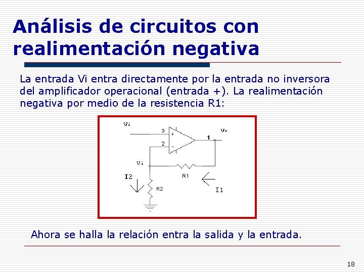 Análisis de circuitos con realimentación negativa La entrada Vi entra directamente por la entrada