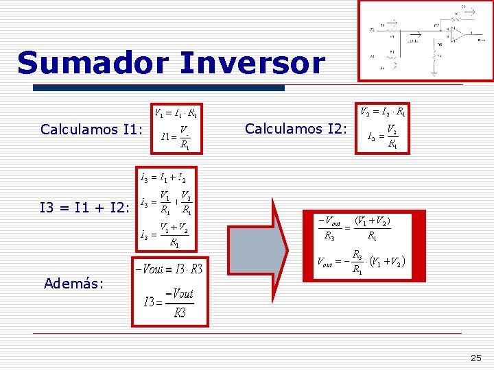 Sumador Inversor Calculamos I 1: Calculamos I 2: I 3 = I 1 +