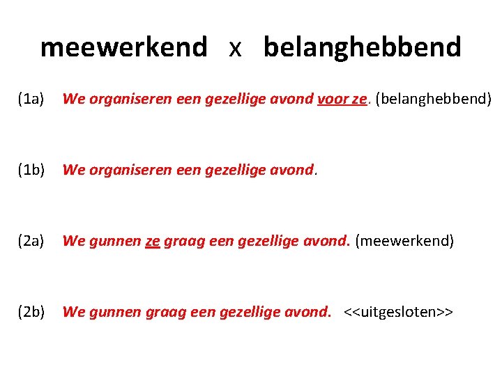 meewerkend x belanghebbend (1 a) We organiseren een gezellige avond voor ze. (belanghebbend) (1