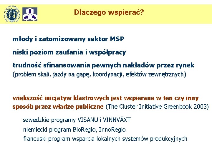 Dlaczego wspierać? młody i zatomizowany sektor MSP niski poziom zaufania i współpracy trudność sfinansowania