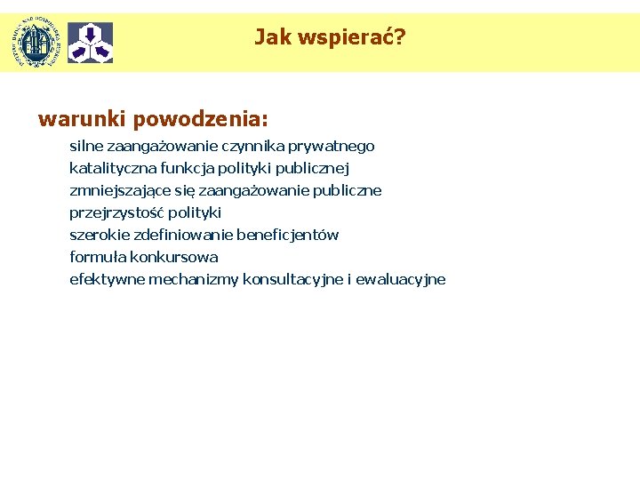 Jak wspierać? warunki powodzenia: silne zaangażowanie czynnika prywatnego katalityczna funkcja polityki publicznej zmniejszające się