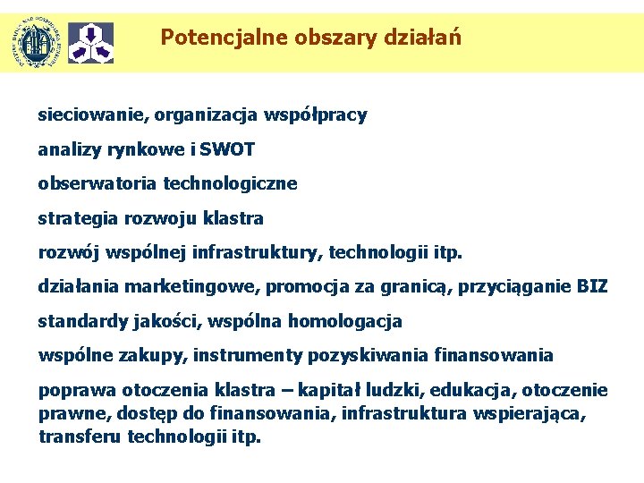 Potencjalne obszary działań sieciowanie, organizacja współpracy analizy rynkowe i SWOT obserwatoria technologiczne strategia rozwoju