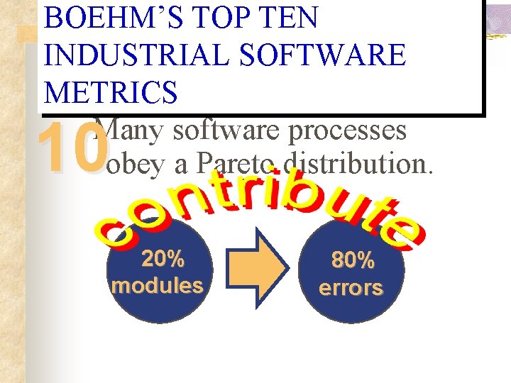 BOEHM’S TOP TEN INDUSTRIAL SOFTWARE METRICS Many software processes obey a Pareto distribution. 10 BOEHM’S TOP TEN INDUSTRIAL SOFTWARE METRICS Many software processes obey a Pareto distribution. 10