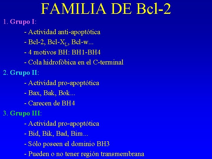 FAMILIA DE Bcl-2 1. Grupo I: - Actividad anti-apoptótica - Bcl-2, Bcl-XL, Bcl-w. .
