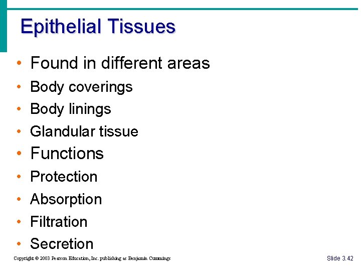 Epithelial Tissues • Found in different areas • Body coverings • Body linings •