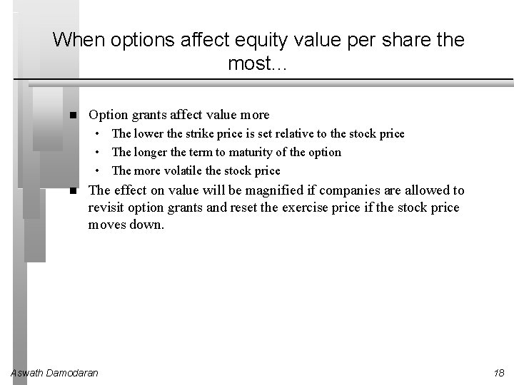 When options affect equity value per share the most… Option grants affect value more