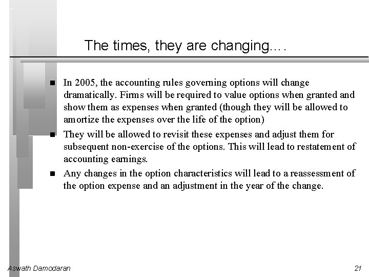 The times, they are changing…. In 2005, the accounting rules governing options will change