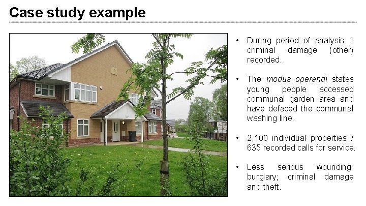Case study example • During period of analysis 1 criminal damage (other) recorded. •