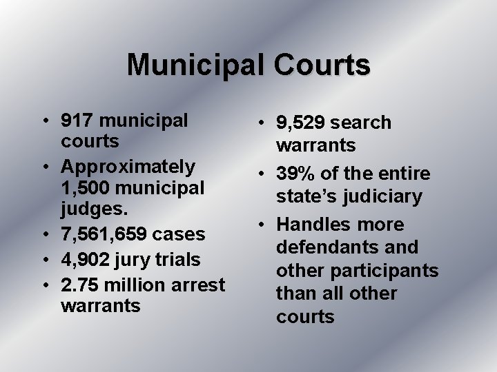 Municipal Courts • 917 municipal courts • Approximately 1, 500 municipal judges. • 7,