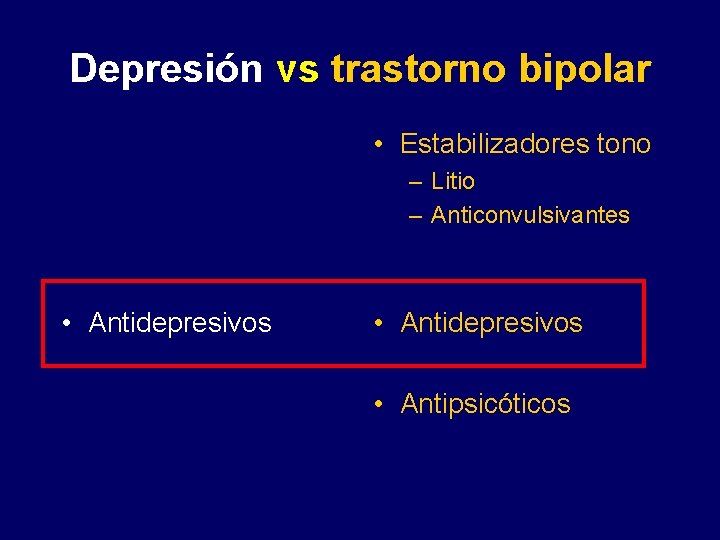 Depresión vs trastorno bipolar • Estabilizadores tono – Litio – Anticonvulsivantes – Antipsicóticos atípicos