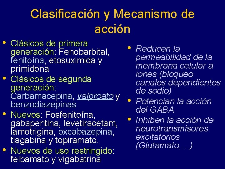 Clasificación y Mecanismo de acción • • Clásicos de primera generación: Fenobarbital, fenitoína, etosuximida