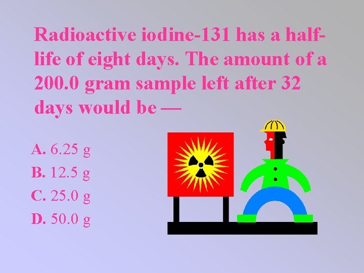 Radioactive iodine-131 has a halflife of eight days. The amount of a 200. 0