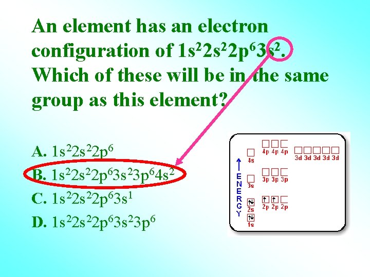 An element has an electron configuration of 1 s 22 p 63 s 2.