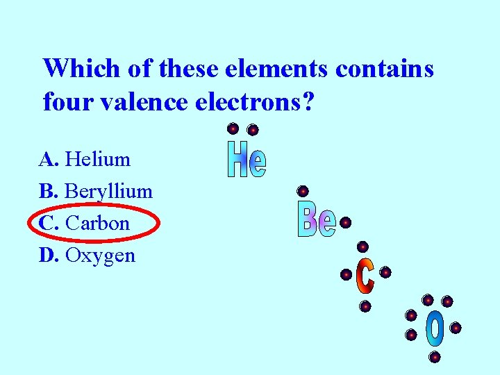 Which of these elements contains four valence electrons? A. Helium B. Beryllium C. Carbon
