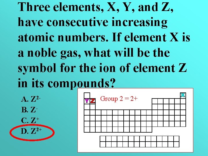 Three elements, X, Y, and Z, have consecutive increasing atomic numbers. If element X
