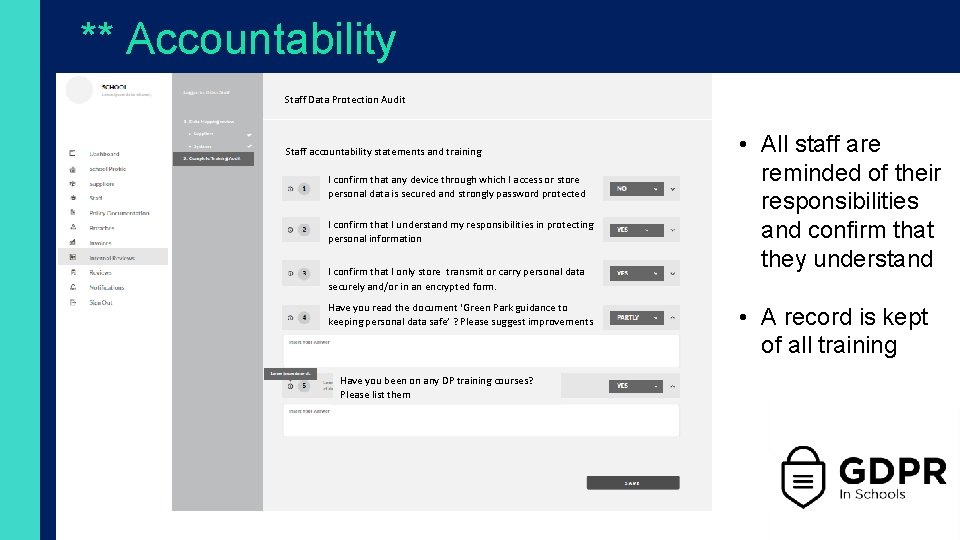 ** Accountability Staff Data Protection Audit Staff accountability statements and training I confirm that