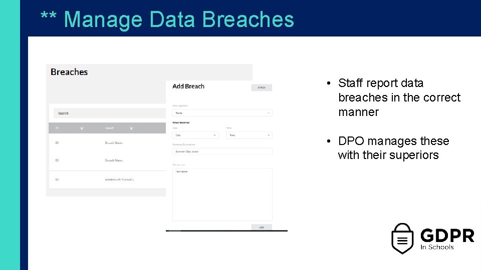 ** Manage Data Breaches • Staff report data breaches in the correct manner •