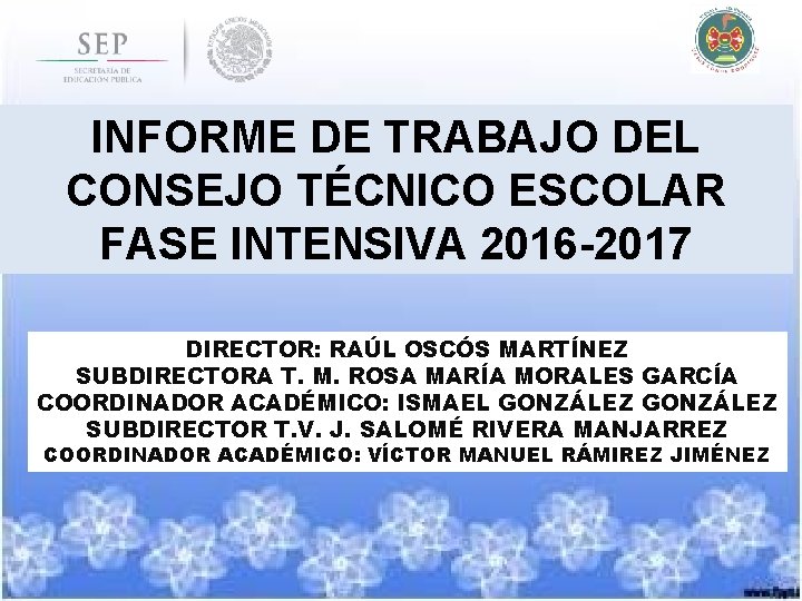 INFORME DE TRABAJO DEL CONSEJO TÉCNICO ESCOLAR FASE INTENSIVA 2016 -2017 DIRECTOR: RAÚL OSCÓS