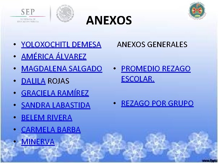 ANEXOS • • • YOLOXOCHITL DEMESA AMÉRICA ÁLVAREZ MAGDALENA SALGADO DALILA ROJAS GRACIELA RAMÍREZ