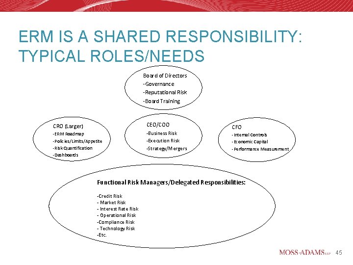 ERM IS A SHARED RESPONSIBILITY: TYPICAL ROLES/NEEDS Board of Directors -Governance -Reputational Risk -Board