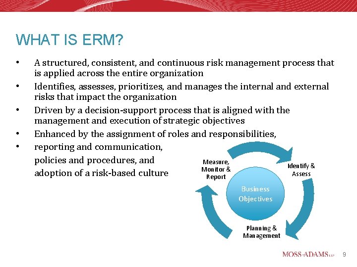 WHAT IS ERM? • • • A structured, consistent, and continuous risk management process