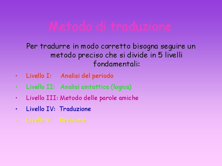 Metodo di traduzione Per tradurre in modo corretto bisogna seguire un metodo preciso che