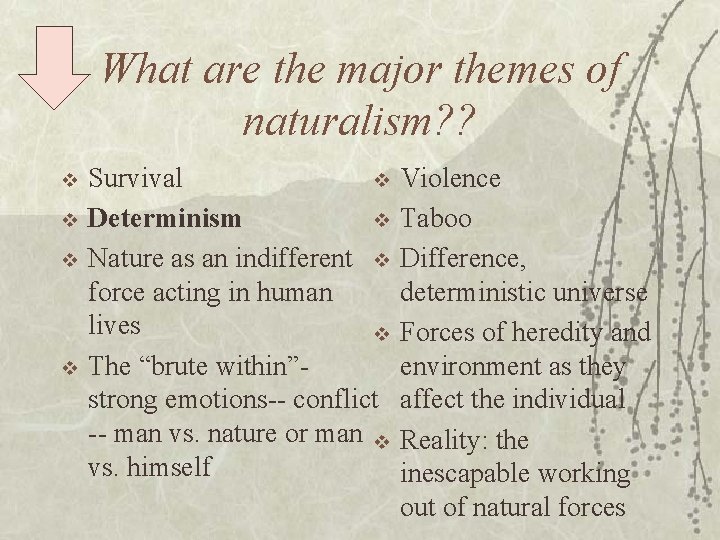 What are the major themes of naturalism? ? v v Survival v Determinism v