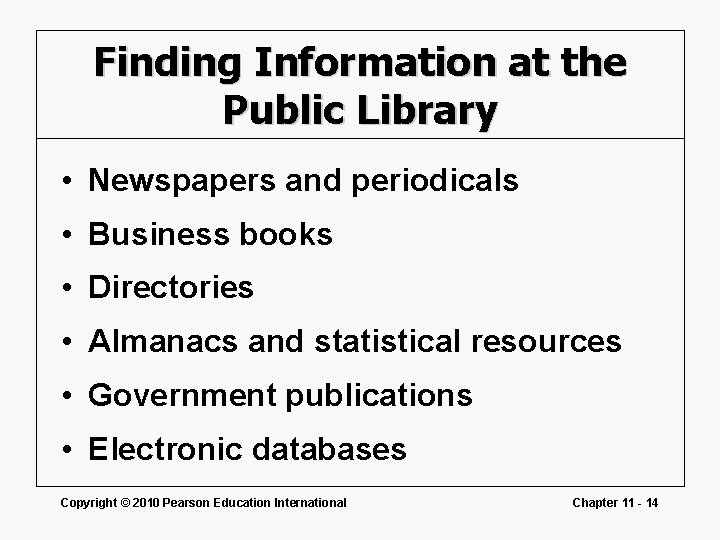 Finding Information at the Public Library • Newspapers and periodicals • Business books • Finding Information at the Public Library • Newspapers and periodicals • Business books •