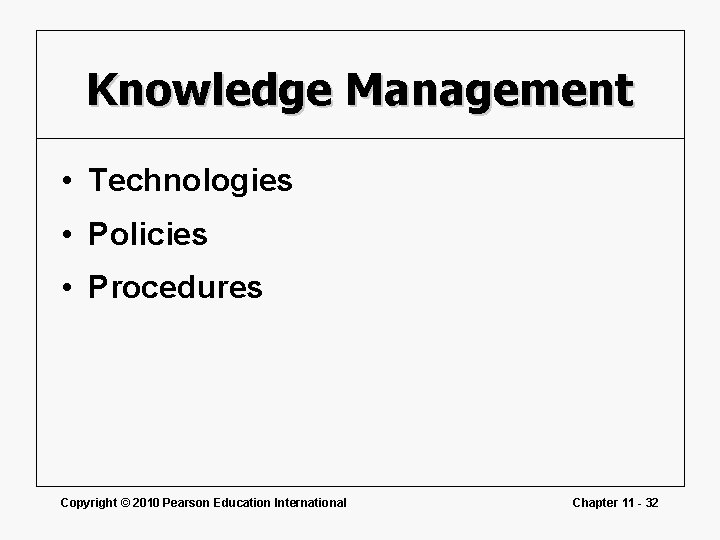 Knowledge Management • Technologies • Policies • Procedures Copyright © 2010 Pearson Education International Knowledge Management • Technologies • Policies • Procedures Copyright © 2010 Pearson Education International