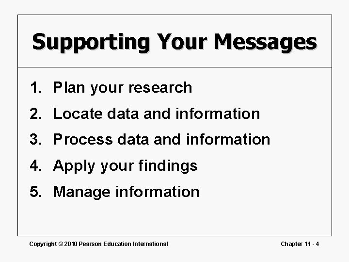 Supporting Your Messages 1. Plan your research 2. Locate data and information 3. Process Supporting Your Messages 1. Plan your research 2. Locate data and information 3. Process