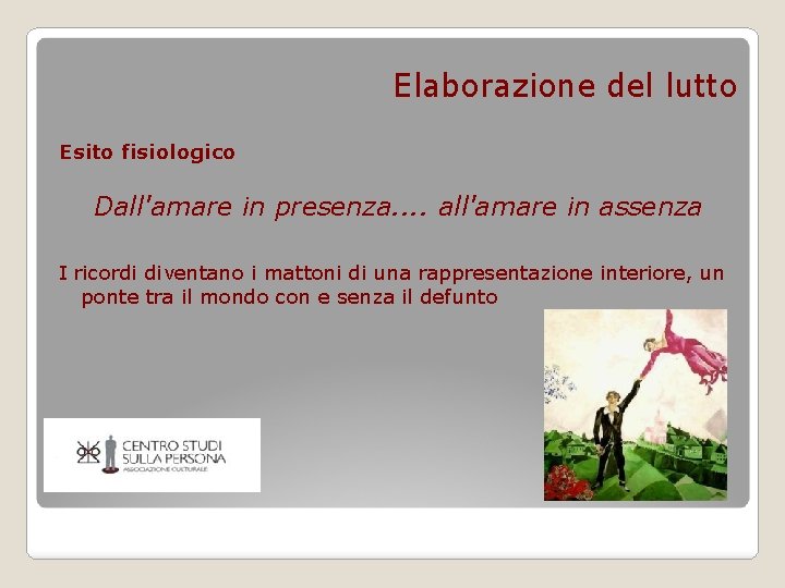 Elaborazione del lutto Esito fisiologico Dall'amare in presenza. . all'amare in assenza I ricordi