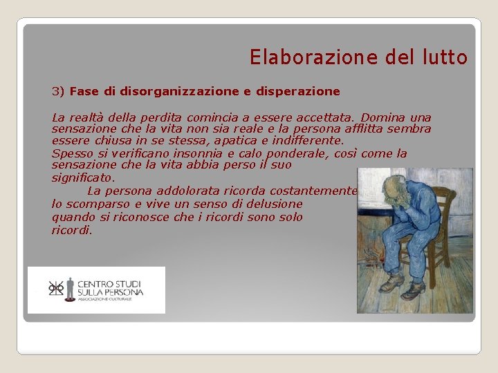 Elaborazione del lutto 3) Fase di disorganizzazione e disperazione La realtà della perdita comincia