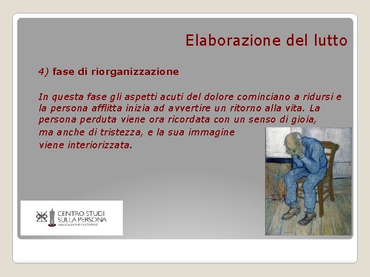 Elaborazione del lutto 4) fase di riorganizzazione In questa fase gli aspetti acuti del