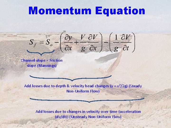 Momentum Equation Channel slope = Friction slope (Mannings) Add losses due to depth &