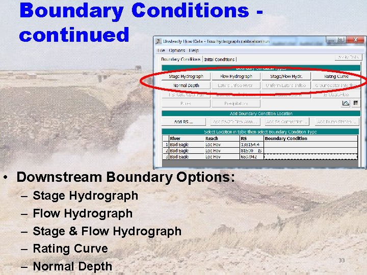 Boundary Conditions continued • Downstream Boundary Options: – – – Stage Hydrograph Flow Hydrograph