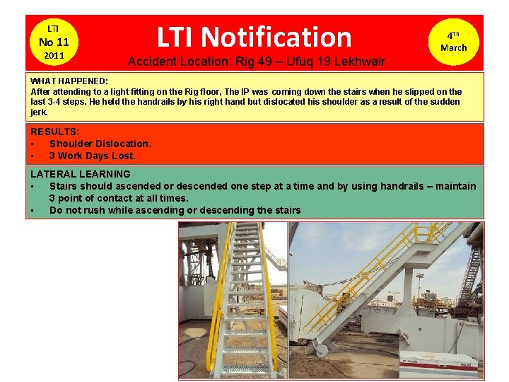 LTI No 11 2011 LTI Notification 4 Th March Accident Location: Rig 49 –