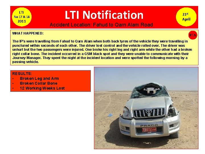 LTI No 17 & 18 2011 LTI Notification 21 st April Accident Location: Fahud